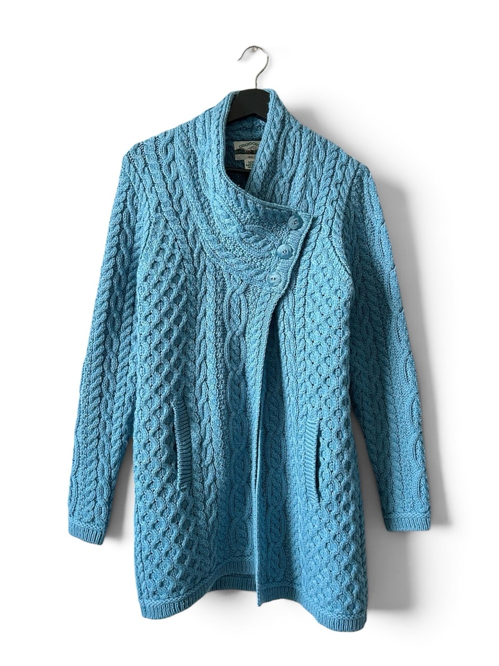 Aran Crafts Blue Merino Wool Side Button Cable Knit Cardigan XS